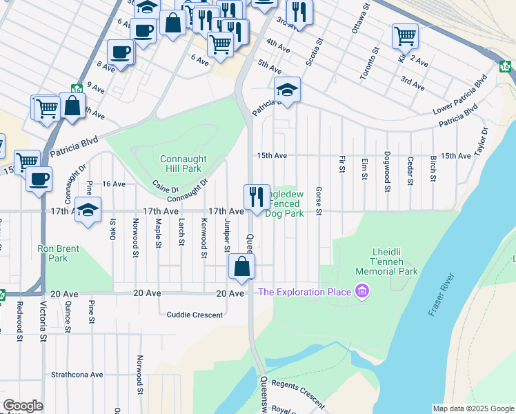 map of restaurants, bars, coffee shops, grocery stores, and more near 1686 Queensway in Prince George