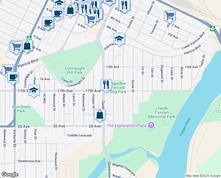 map of restaurants, bars, coffee shops, grocery stores, and more near 1699 Ingledew Street in Prince George