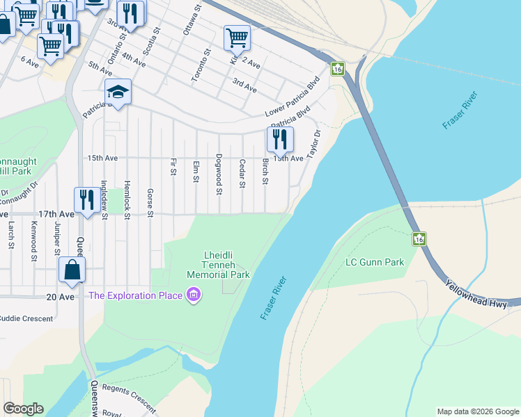 map of restaurants, bars, coffee shops, grocery stores, and more near 1689 Birch Street in Prince George