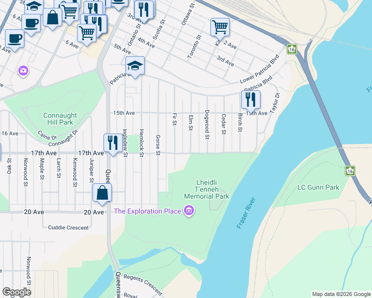 map of restaurants, bars, coffee shops, grocery stores, and more near 1685 Elm Street in Prince George