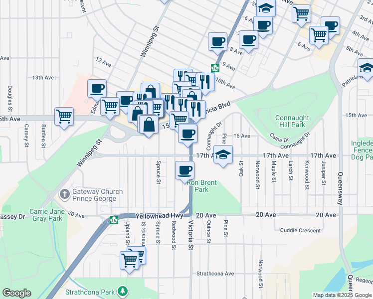 map of restaurants, bars, coffee shops, grocery stores, and more near 108 17th Avenue in Prince George