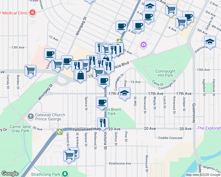 map of restaurants, bars, coffee shops, grocery stores, and more near 1656 Victoria Street in Prince George