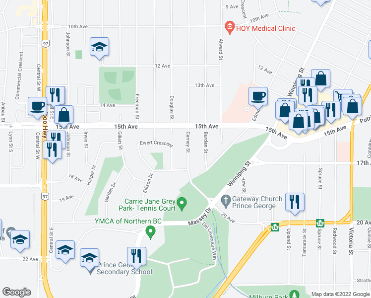 map of restaurants, bars, coffee shops, grocery stores, and more near 1625 Carney Street in Prince George