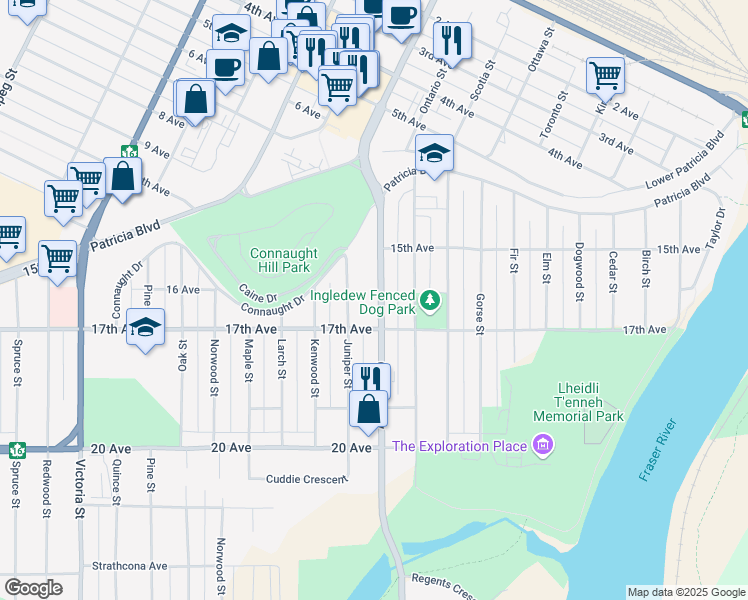 map of restaurants, bars, coffee shops, grocery stores, and more near 1686 Queensway in Prince George