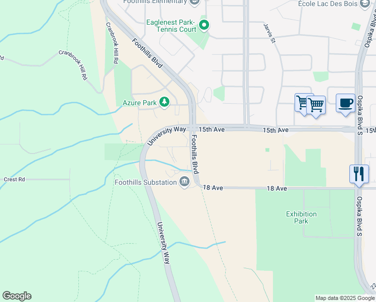 map of restaurants, bars, coffee shops, grocery stores, and more near 4427 Glen Shee Road in Prince George