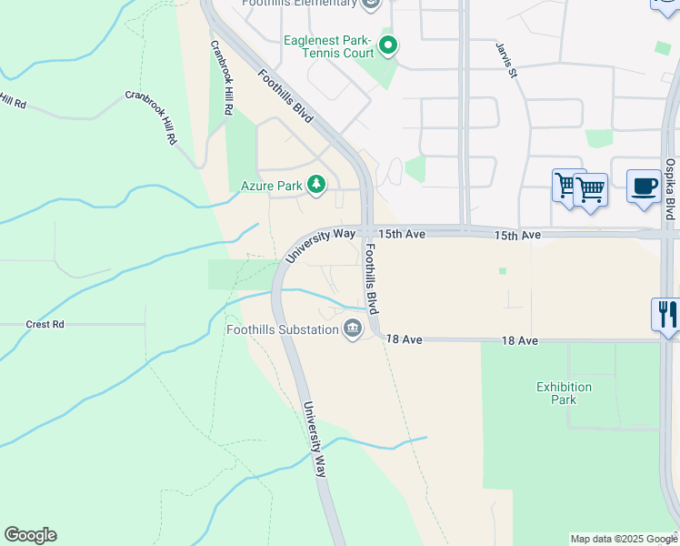 map of restaurants, bars, coffee shops, grocery stores, and more near 4427 Glen Shee Road in Prince George