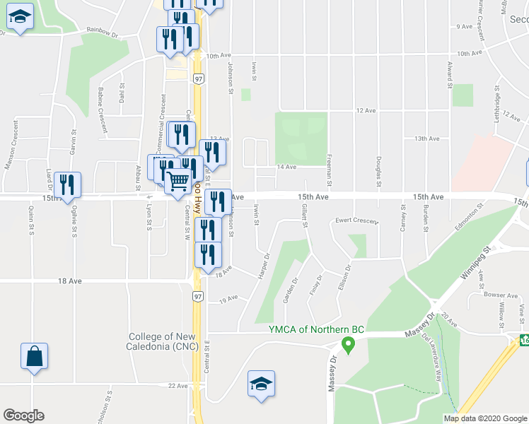 map of restaurants, bars, coffee shops, grocery stores, and more near 1544 Irwin Street in Prince George