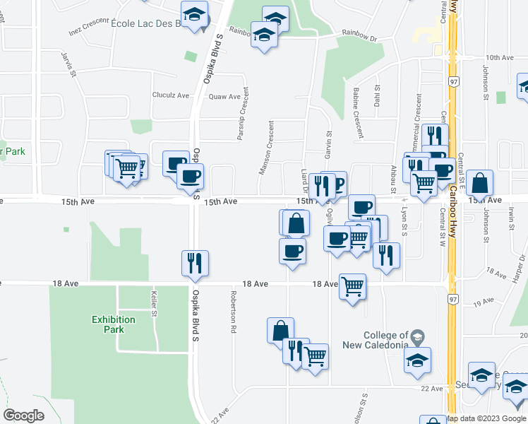 map of restaurants, bars, coffee shops, grocery stores, and more near 3963 15th Avenue in Prince George