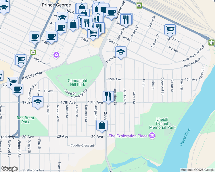 map of restaurants, bars, coffee shops, grocery stores, and more near 1548 Queensway in Prince George
