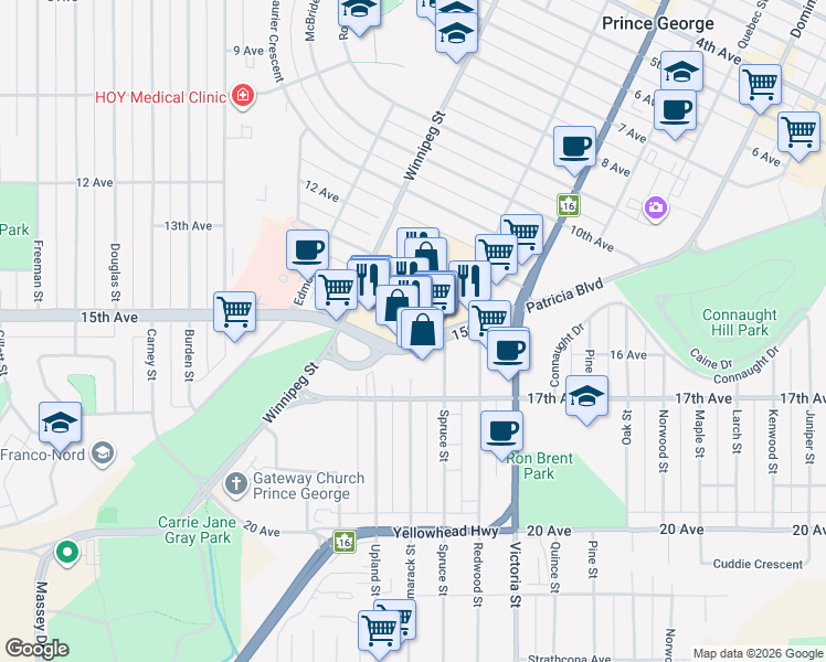 map of restaurants, bars, coffee shops, grocery stores, and more near 1600 15th Avenue in Prince George