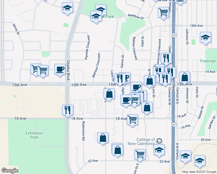 map of restaurants, bars, coffee shops, grocery stores, and more near in Prince George