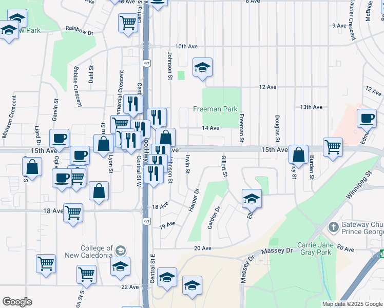 map of restaurants, bars, coffee shops, grocery stores, and more near 1544 Irwin Street in Prince George