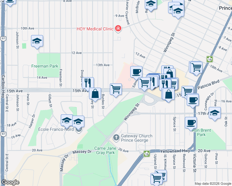 map of restaurants, bars, coffee shops, grocery stores, and more near 1510 Alward Street in Prince George