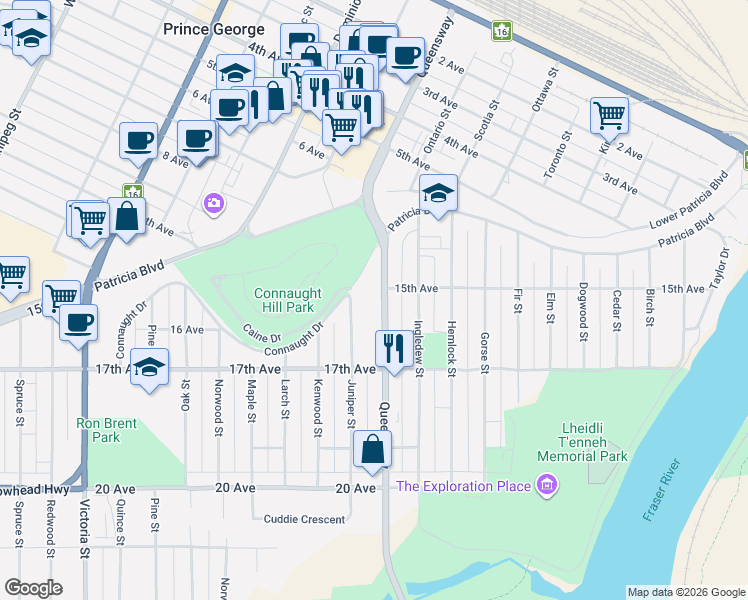 map of restaurants, bars, coffee shops, grocery stores, and more near 1501 Queensway in Prince George
