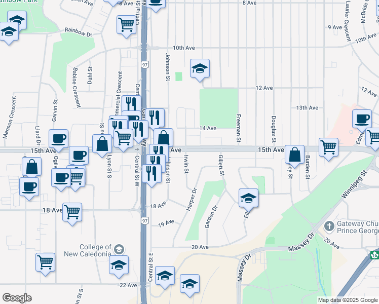 map of restaurants, bars, coffee shops, grocery stores, and more near 1544 Irwin Street in Prince George