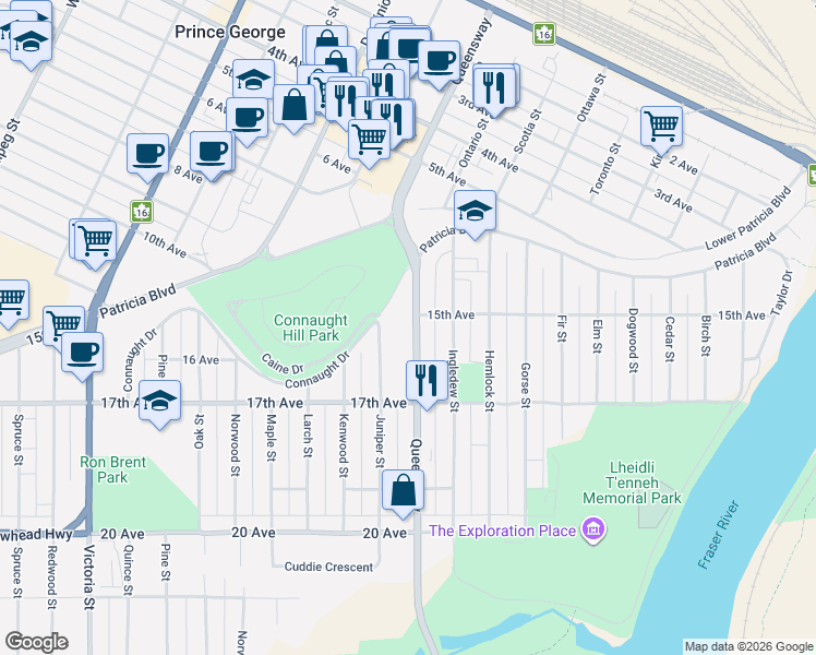 map of restaurants, bars, coffee shops, grocery stores, and more near 1501 Queensway in Prince George