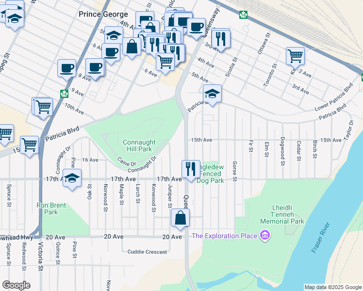 map of restaurants, bars, coffee shops, grocery stores, and more near 1501 Queensway in Prince George