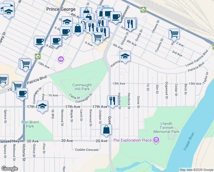 map of restaurants, bars, coffee shops, grocery stores, and more near 1501 Queensway in Prince George