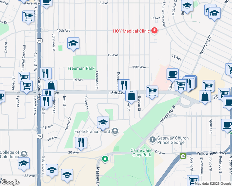 map of restaurants, bars, coffee shops, grocery stores, and more near 2505 15 Avenue in Prince George
