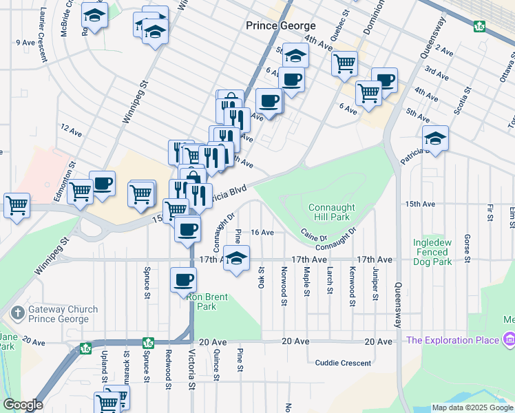 map of restaurants, bars, coffee shops, grocery stores, and more near 1533 Oak Street in Prince George