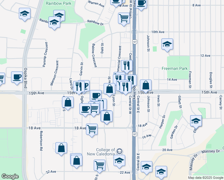 map of restaurants, bars, coffee shops, grocery stores, and more near 1496 Ahbau Street in Prince George