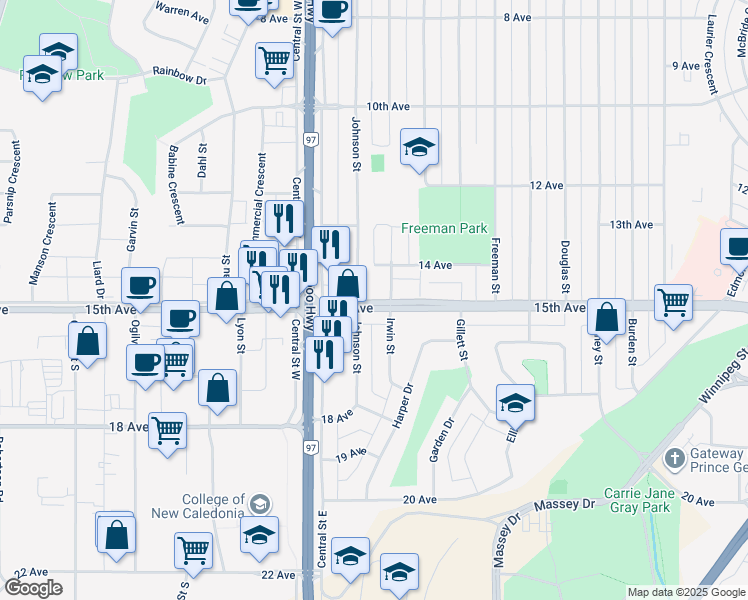 map of restaurants, bars, coffee shops, grocery stores, and more near 3000 15 Avenue in Prince George