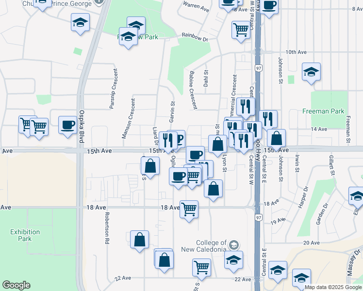 map of restaurants, bars, coffee shops, grocery stores, and more near 3610 15 Avenue in Prince George