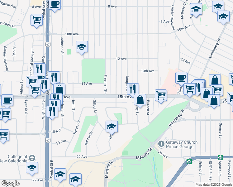map of restaurants, bars, coffee shops, grocery stores, and more near 1461 Ewert Street in Prince George