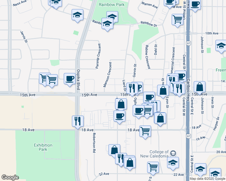 map of restaurants, bars, coffee shops, grocery stores, and more near 3963 15th Avenue in Prince George