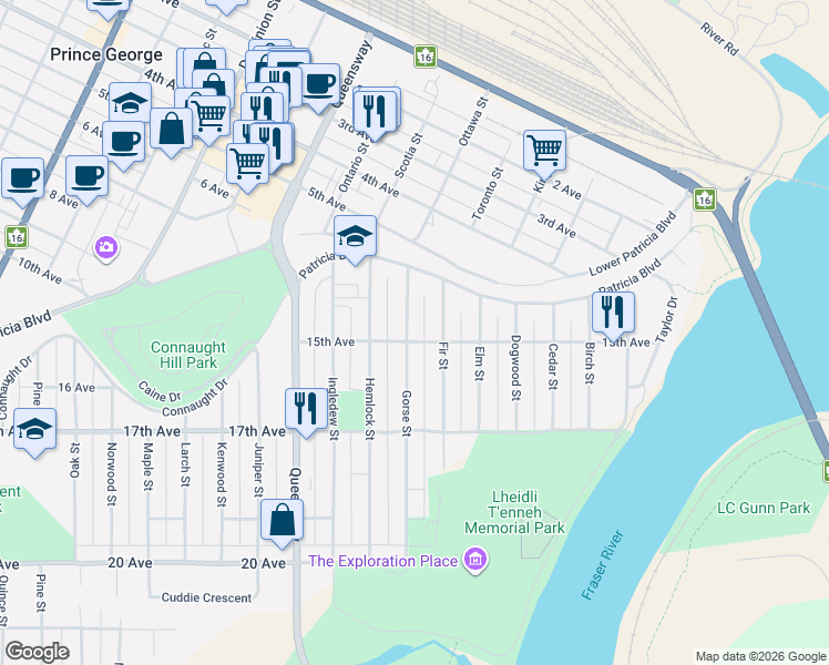 map of restaurants, bars, coffee shops, grocery stores, and more near 1488 Gorse Street in Prince George