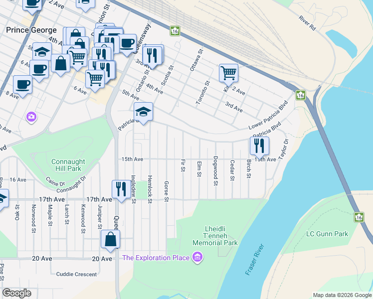 map of restaurants, bars, coffee shops, grocery stores, and more near 1450 Fir Street in Prince George