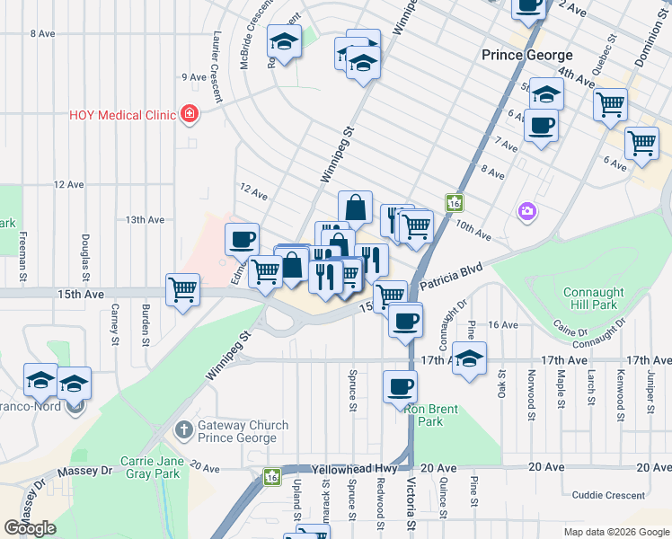 map of restaurants, bars, coffee shops, grocery stores, and more near 1600 15th Avenue in Prince George