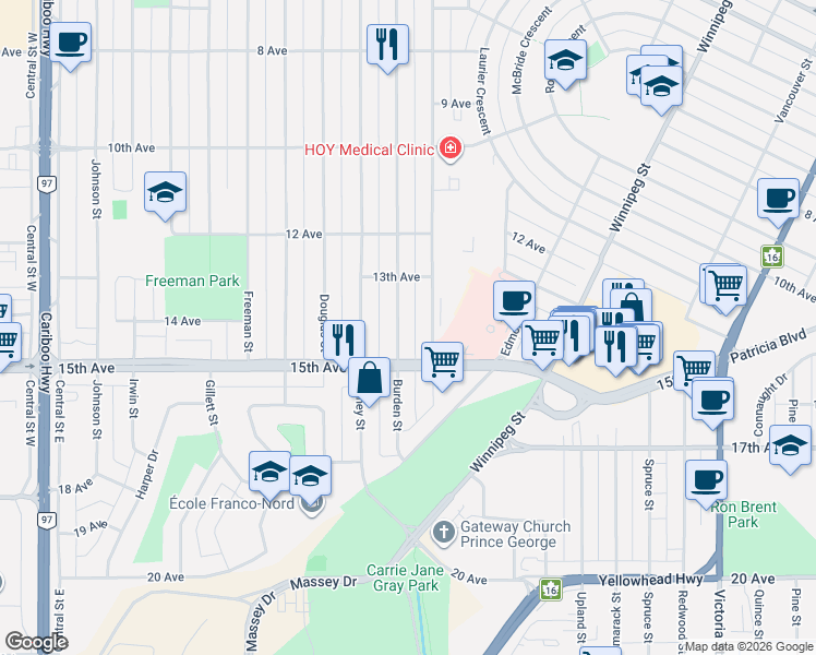map of restaurants, bars, coffee shops, grocery stores, and more near 1410 Burden Street in Prince George
