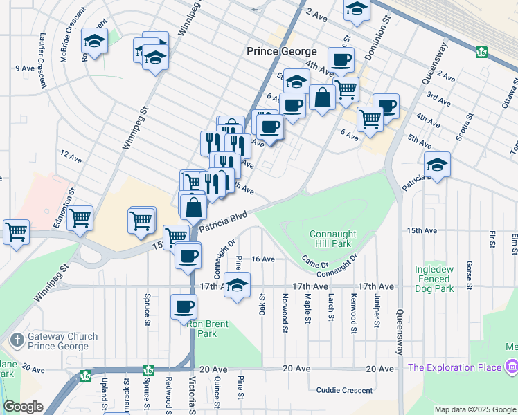 map of restaurants, bars, coffee shops, grocery stores, and more near 1404 Patricia Boulevard in Prince George