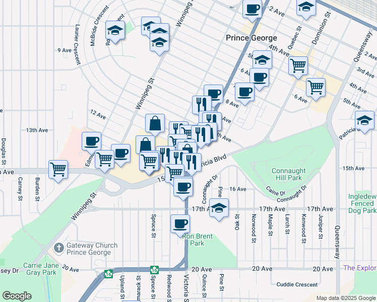 map of restaurants, bars, coffee shops, grocery stores, and more near 1566 12 Avenue in Prince George