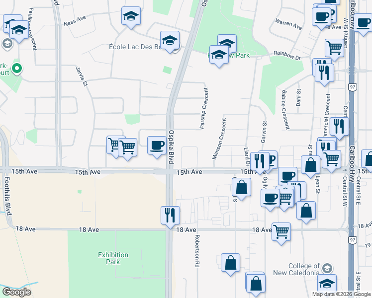 map of restaurants, bars, coffee shops, grocery stores, and more near 1458 Nation Crescent in Prince George