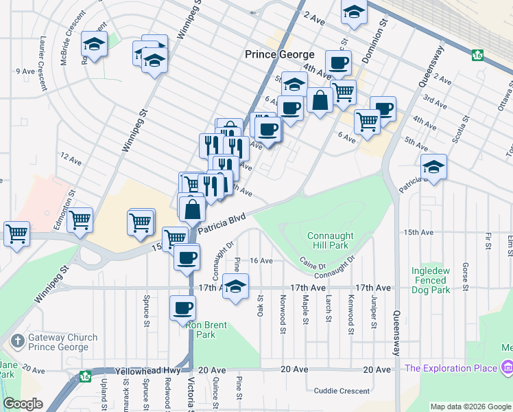 map of restaurants, bars, coffee shops, grocery stores, and more near 1404 Patricia Boulevard in Prince George
