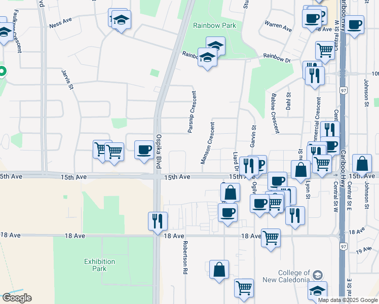 map of restaurants, bars, coffee shops, grocery stores, and more near 1422 Nation Crescent in Prince George