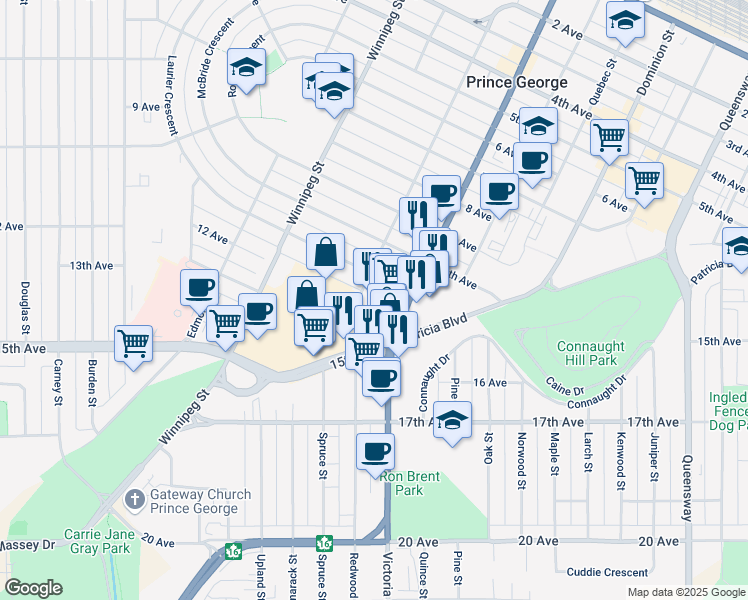 map of restaurants, bars, coffee shops, grocery stores, and more near 1566 12 Avenue in Prince George