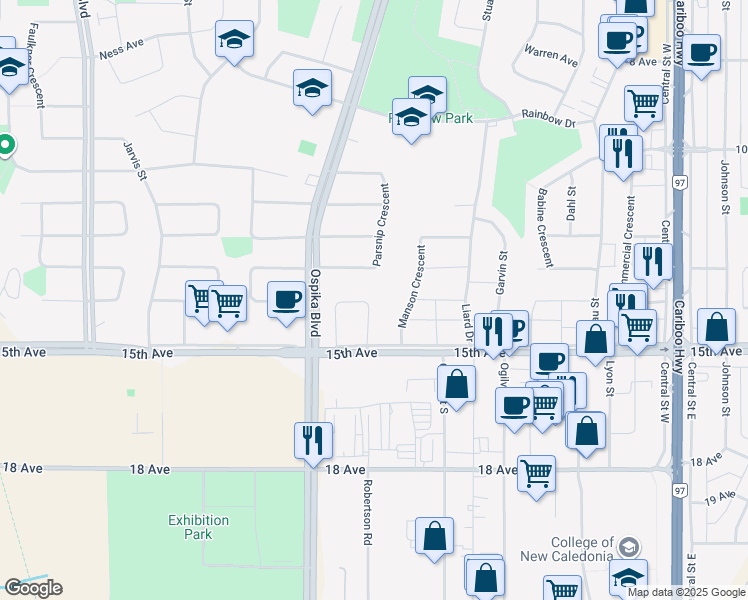 map of restaurants, bars, coffee shops, grocery stores, and more near 1422 Nation Crescent in Prince George
