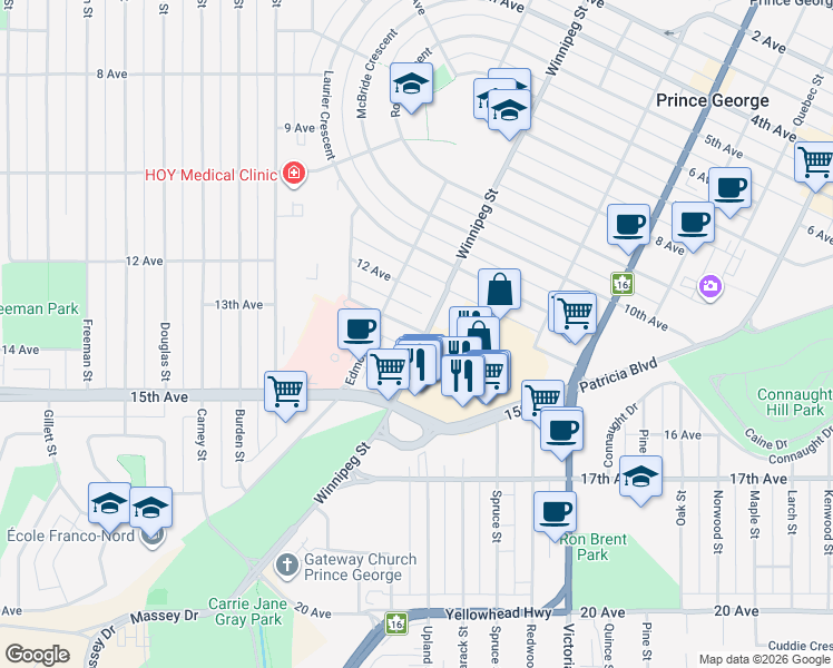 map of restaurants, bars, coffee shops, grocery stores, and more near 1811 13 Avenue in Prince George