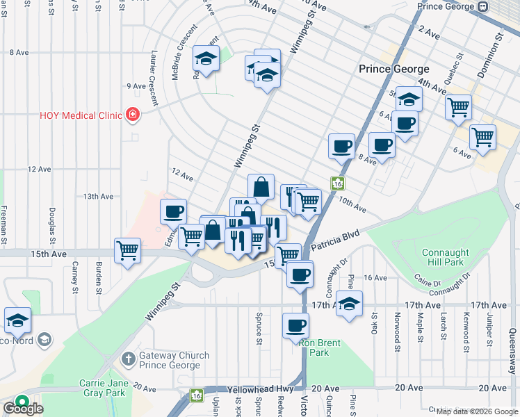 map of restaurants, bars, coffee shops, grocery stores, and more near 1600 15th Avenue in Prince George