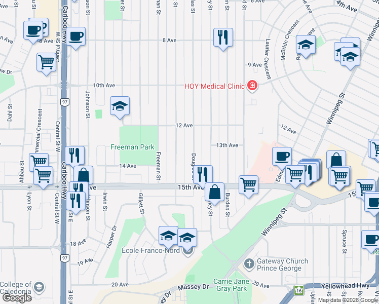 map of restaurants, bars, coffee shops, grocery stores, and more near 1321 Douglas Street in Prince George
