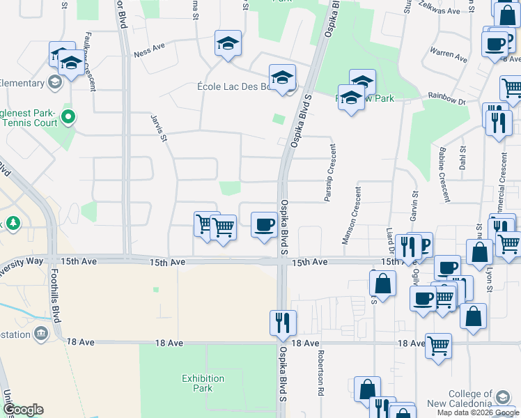 map of restaurants, bars, coffee shops, grocery stores, and more near 1257 Aleza Crescent in Prince George