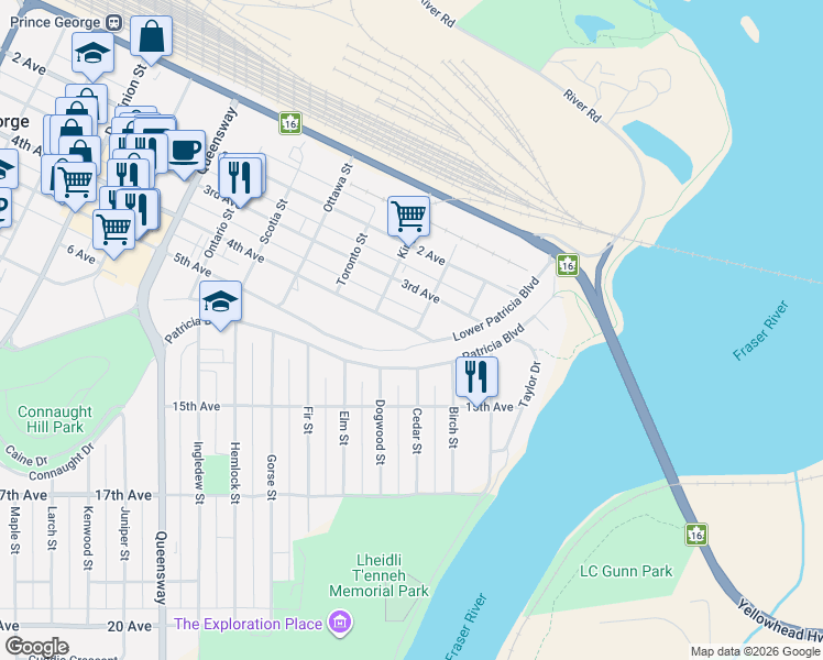 map of restaurants, bars, coffee shops, grocery stores, and more near 4th Avenue in Prince George