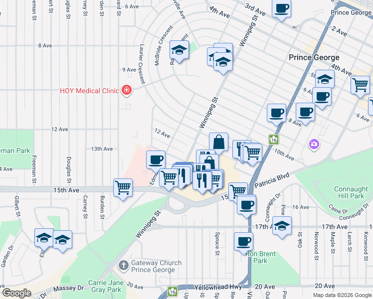 map of restaurants, bars, coffee shops, grocery stores, and more near 1807 12 Avenue in Prince George