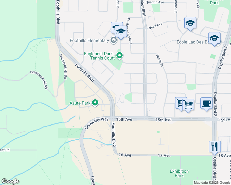 map of restaurants, bars, coffee shops, grocery stores, and more near 1330 Foothills Boulevard in Prince George