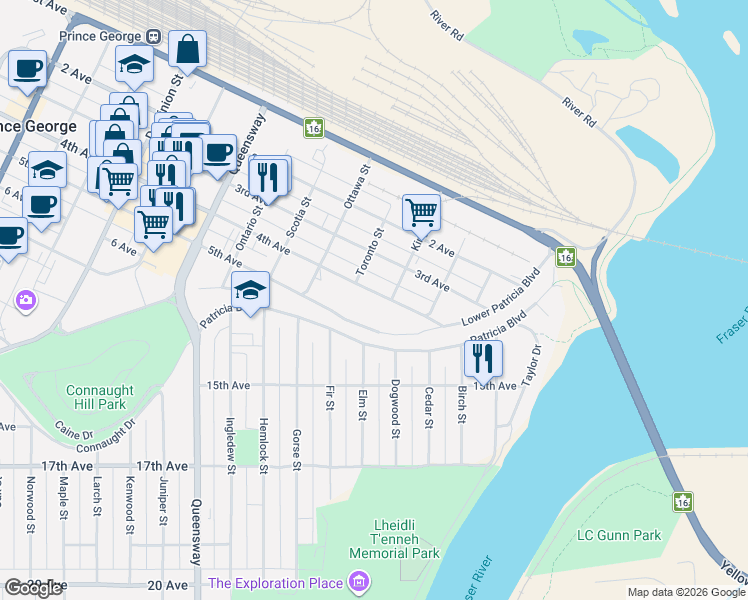 map of restaurants, bars, coffee shops, grocery stores, and more near 505 4th Avenue in Prince George