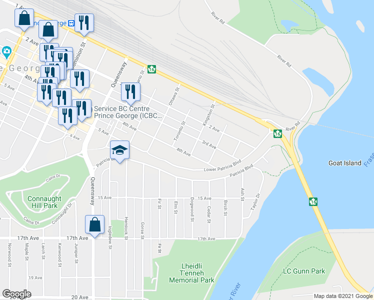 map of restaurants, bars, coffee shops, grocery stores, and more near 502 4th Avenue in Prince George