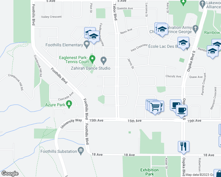 map of restaurants, bars, coffee shops, grocery stores, and more near 4315 Chingee Avenue in Prince George